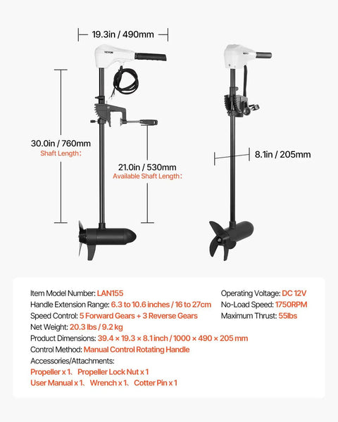 Electric Trolling Motor For Kayaks And Fishing Boats, 12V 55 Lbs Thrust with dimensions and specs, includes 30-inch shaft