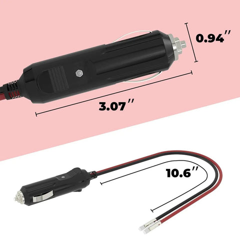 Straight Up 12V Cigarette Lighter Plug With 16 Awg Pure Copper Wire And One Foot Cord showing dimensions of 3.07" and 0.94".