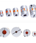 Top Notch Plum Flexible Shaft Coupling Made From Anodized Aluminum For High Torque CNC Stepper Motors With Rapid Response And Vibration Absorption In D95L126 Size To Match 18mm Or 24mm Shafts Perfectly, showcasing various sizes.