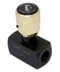 Summit Hydraulics needle valve for hydraulic flow control with brass knob, 3/8 in NPT ports, black body.