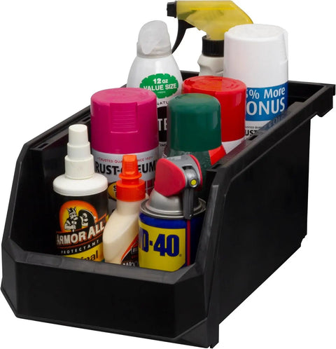 Rad Heavy Duty Stackable Plastic Storage Bins 6 Pack Black Open Front Bin For Garage Shed Cabinet Closet Organization Of Tools Cleaning Products And Gardening Gear Solid Long Lasting Durability