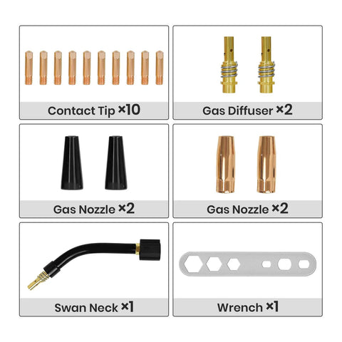 Cool 18 Piece Mig Welding Torch Kit For M6 Mb15 Ak15 Nozzle Gas Diffuser Shield Cup And Contact Tips.030 And.045 Inches includes tips and accessories.