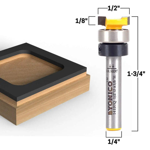 Slick Flush Trim Router Bit For Door Hinge Mortising With One Half Inch Cut Diameter And Quarter Inch Shank, Tough As Nails Carbide Tip.