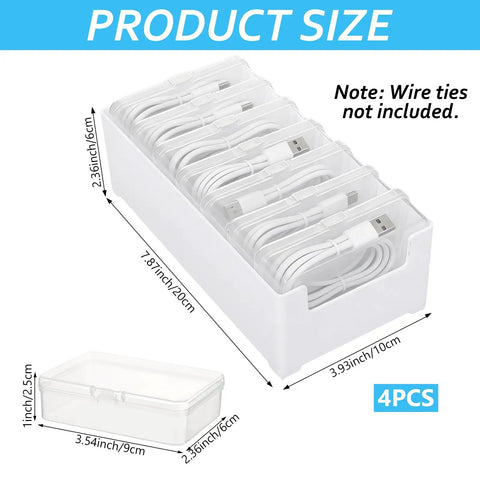 4 Pack Cable Organizer Box With 28 Clear Compartments For Switch Cords And Power Cables Desktop Cable Management Box Charger Storage Case Office And Home Desk Accessory Transparent Durable Design Easy Access, 10x20x6 cm