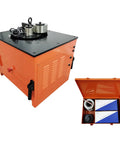 Built Like A Tank Electric Rebar Bender With Finger Tip Foot Switch Table Stand Setup For Quick Steel Rod Bending And Smooth 0 To 180 Degree Angles On Tough Jobs, showing sturdy orange body and accessories.