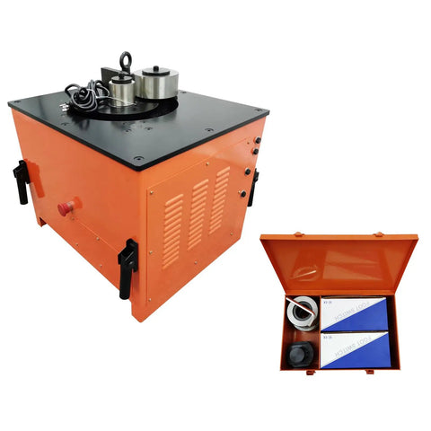 Built Like A Tank Electric Rebar Bender With Finger Tip Foot Switch Table Stand Setup For Quick Steel Rod Bending And Smooth 0 To 180 Degree Angles On Tough Jobs, showing sturdy orange body and accessories.