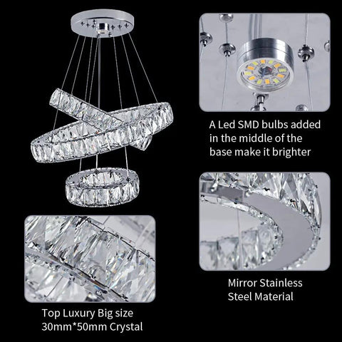 Three Ring LED Crystal Pendant Light Fixture For Dining Room DIY Adjustable Stainless Steel Chandelier With K9 Crystals
