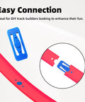 Easy connection detail of 40 Feet Of 1:64 Diecast Car Track Builder Set With 86 Straight Pieces And Connectors in persimmon and blue.