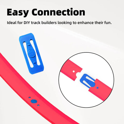 Easy connection detail of 40 Feet Of 1:64 Diecast Car Track Builder Set With 86 Straight Pieces And Connectors in persimmon and blue.