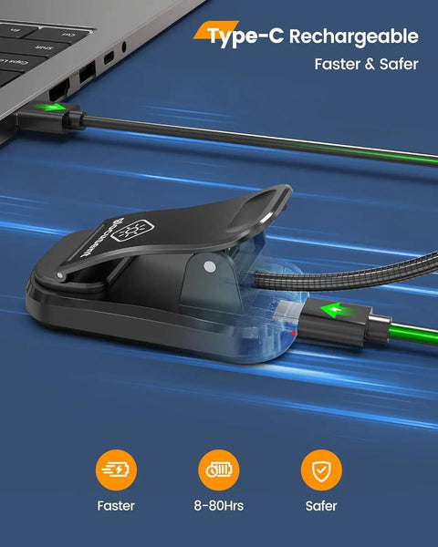 Clip On Book Light With 10 LEDs And Three Color Temperatures For Late Night Reading shown charging via Type-C cable