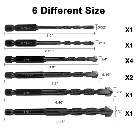 Image showing 6 different sizes of Masonry Drill Bits Set 10Pcs for Concrete Stone Brick Tile Glass Plastic Ceramic and Wood 5/32 to 1/2 Inch Carbide Hammer Drill Bits Durable High Quality Long Lasting Kit.