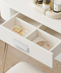 Open drawer with matte white kitchen cabinet handle installed, showing organized compartments with perfumes and jewelry.