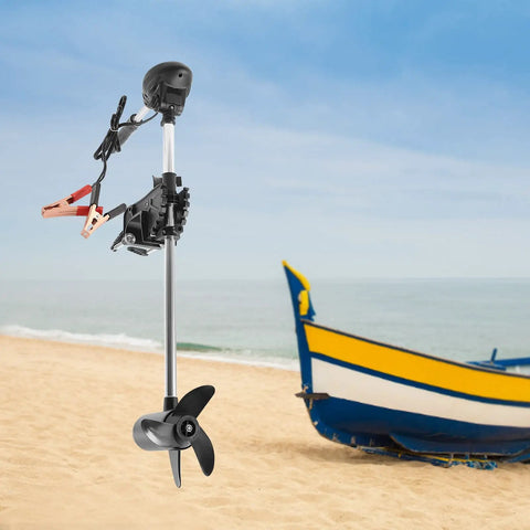 Slick 60 Lb Thrust Transom Mounted Electric Trolling Motor With Eight Speed Settings And Led Battery Display near a blue and yellow watercraft.