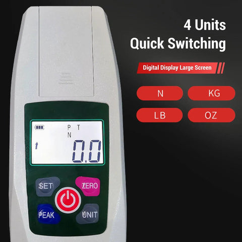 Digital Push Pull Force Meter 5N Portable Handheld Gauge With Backlit LCD Auto Power Off Six Test Heads For Lab Workshop On The Go Measurement And Quality Control, front view