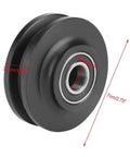 Close-up view of a single sliding barn door roller wheel from the Sliding Barn Door Roller Wheels For Closets Cabinets And Windows Dope Heavy Duty Industrial Hardware Kit 2 Pack In Silver And Light Gray Finish Smooth Quiet Rolling Track System For Rustic Home Renovations. Shown with measurements, made from durable material.