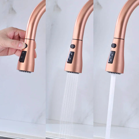 Brushed Gold Kitchen Faucet With Pull Down Sprayer And 360 Degree Rotating Gooseneck Lead Free Brass Pull Out Spray Single Handle
