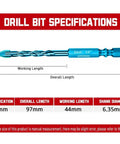 Blue tungsten steel drill bit, 6mm diameter with 1/4 inch shank, side view showing overall and working lengths