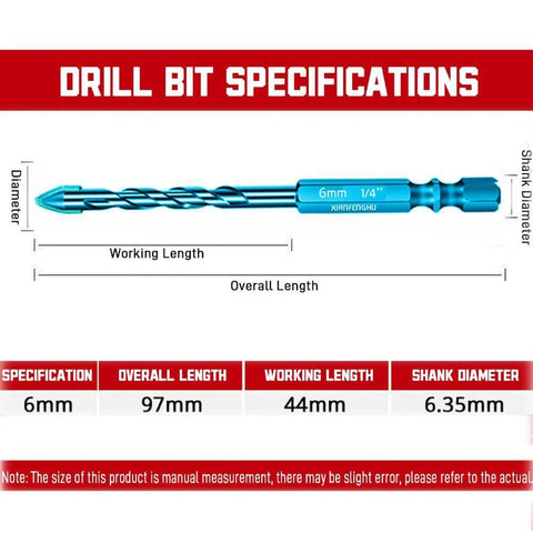 Blue tungsten steel drill bit, 6mm diameter with 1/4 inch shank, side view showing overall and working lengths