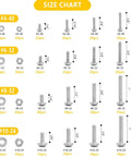 Size chart for Durable Stainless Steel UNC Machine Screws Nuts And Washers Kit For DIY Projects, 700-Piece Grab-And-Go Fastener Set