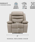 Front view of 41 Inch Wide Manual Recliner Chair With Top Grain Leather Match, Latte color, showing dimensions and features.