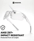 Built Tough Unisex Safety Glasses With No Sweat Anti Fog Lens And Z87 Plus High Impact Rating For Real Deal Eye Protection On Any Rough Work Site Today, clear frame, side view.