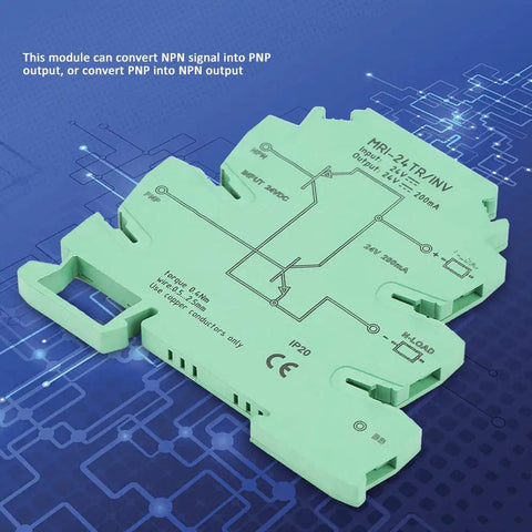 NPN To PNP Converter Module For PLC IO Level Shifting And Polar Sensor Interface MRI 24TR INV green module on tech background