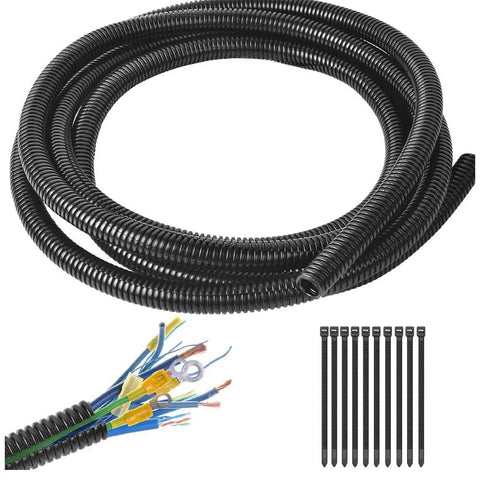 Split Wire Loom Tubing Cable Management Conduit Flexible Cord Protector Sleeve Black One Quarter Inch Inner Diameter Thirty Two Point Eight Feet Long Easy Route Split Design Pro Grade Durable Polyethylene For Car And Home Wiring shown coiled with exposed wires and zip ties.