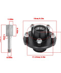 Left: silver BT16 square spindle with threaded end; Right: black 4.5-inch trailer hub with five lug studs.