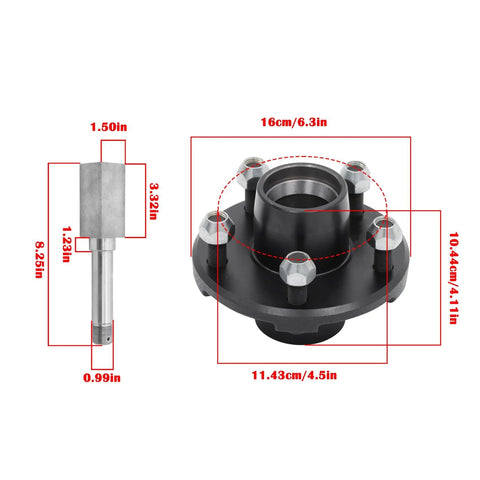 Left: silver BT16 square spindle with threaded end; Right: black 4.5-inch trailer hub with five lug studs.