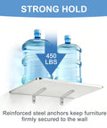 Ultra Sturdy Anti Tip Furniture Anchors Built From Heavy Steel Supports Up To 450 Lbs Securing Tall Dressers And Cabinets With Zero Sweat Setup, demonstrating strong hold with two water bottles on shelf.
