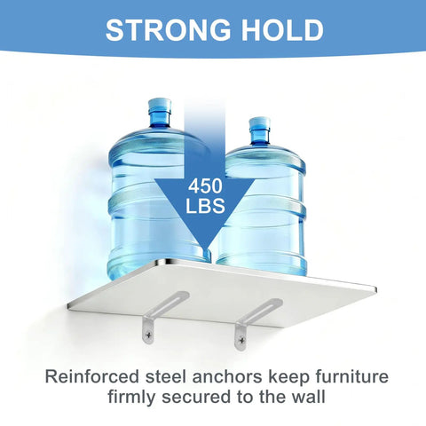 Ultra Sturdy Anti Tip Furniture Anchors Built From Heavy Steel Supports Up To 450 Lbs Securing Tall Dressers And Cabinets With Zero Sweat Setup, demonstrating strong hold with two water bottles on shelf.