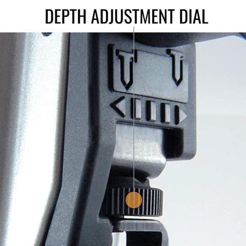 Close-up of Depth Adjustment Dial on Premium 18 Gauge Brad Nailer With Lightweight Compact Design And Adjustable Depth Control.