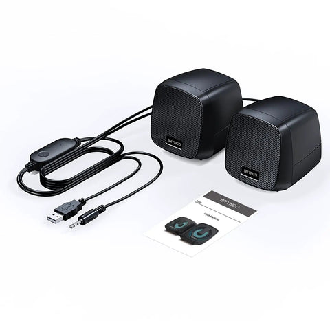 2.0 Stereo USB Powered Desktop Speakers with 3.5mm AUX In Line Volume Control and LED Lights in black, plug and play