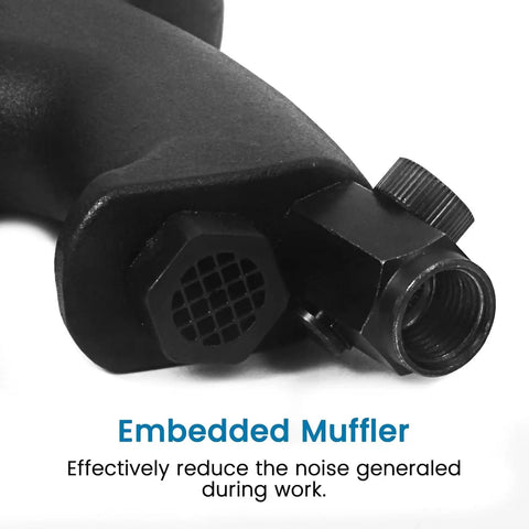 Close-up of muffler component on Pro Grade Heavy Duty Pneumatic Rivet Nut Gun Kit With Self Locking Head And Quick Change Mandrels.