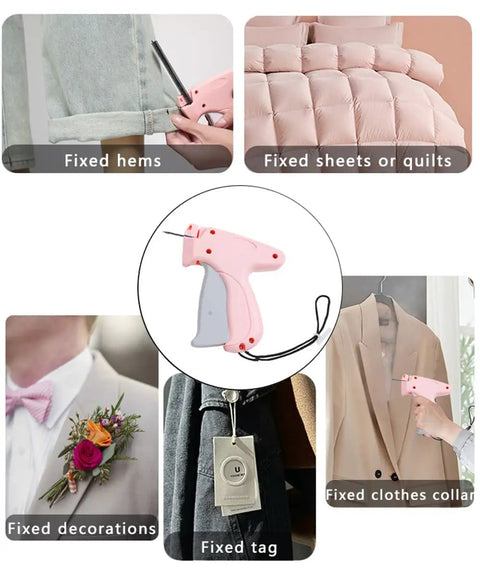 No Sweat Heavy Duty Handheld Sewing Gun Quick Clothing Repair Tool Featuring Pink Grip And Complete Fastener Kit for fixing hems and tags.
