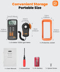 Pro Grade Illuminance Light Meter For Precise Plant Growth Digital Lux Meter With Range Zero To Two Hundred Thousand Lux And Fast Readings Twice Per Second FC To Lux Conversion Pocket Friendly Design For On The Go, black handheld meter and orange protective jacket