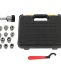 Heavy Duty MT2 Shank Lathe Chuck With 11 Pc ER32 Collet Set in black case with red tool for precision milling and drilling.