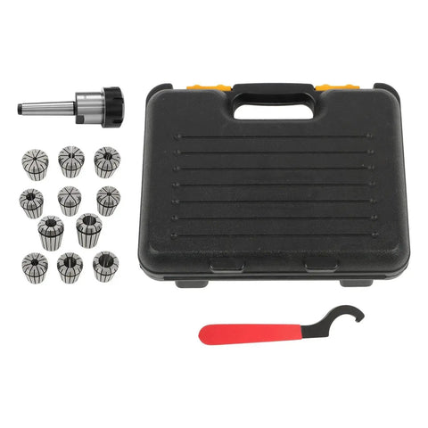Heavy Duty MT2 Shank Lathe Chuck With 11 Pc ER32 Collet Set in black case and red tool for precision milling and drilling.