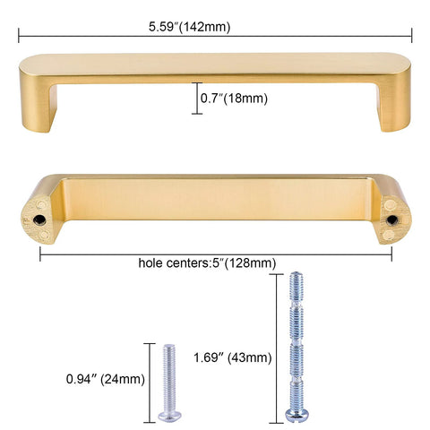Brushed Gold Cabinet Handles Set of 2 With 5 Inch Hole Centers Solid Zinc Alloy Drawer Pulls in Brushed Brass Finish with dimensions