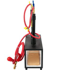 Farrier Forge Furnace With Dual Burners Large Capacity Portable Propane Knife Forge, black iron body, red hoses visible