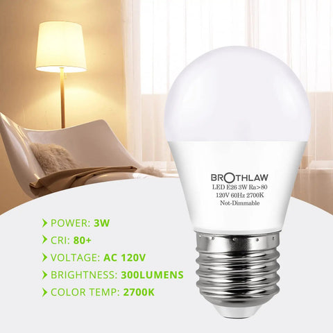 25 Watt Equivalent A15 LED Bulbs, 3W Low Watt, E26 Base, 2700K Warm White, image of bulb with specs and lamp background