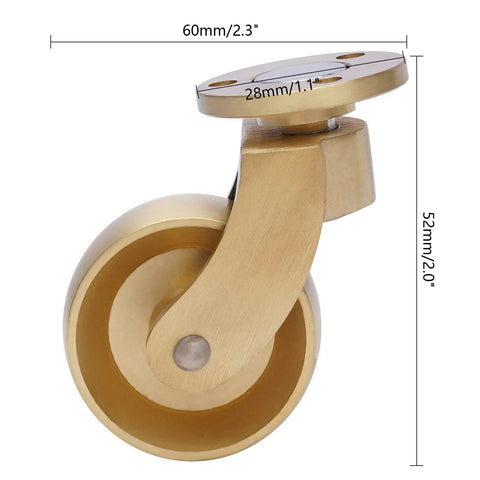 Heavy Duty Antique Brass Casters with smooth glide wheels, dimensions 60mm, 52mm, for furniture and storage trunks.