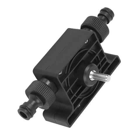 Compact Electric Drill Water Pump For Rapid Fluid Transfer, drainage component, black plastic with ports for easy connection.