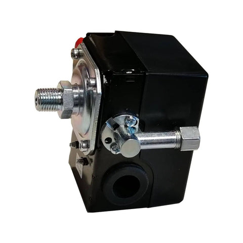 Side view of a Pressure Switch For Air Compressor 145 To 175 PSI Cut In Cut Out Quarter Inch NPT 120V Or 240V Fits Home And Shop Units
