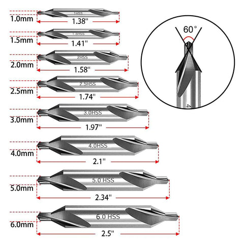 8 Piece Center Drill Bit Set For Lathe Work, Pro Grade HSS Center Drill Bits With 60 Degree Countersink, Sizes 1.0 to 6.0 mm