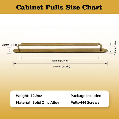 Size chart for Six Pack Antique Brass Cabinet Pulls With Base Plate Backplate 12.6 Inch Center Dope Retro Zinc Alloy Kitchen Drawer Handles With Spacer Vintage Style Hardware For Cabinets And Dressers