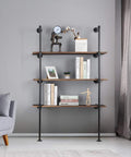 Industrial Style Wall Mount Pipe Shelf Kit Black 4 Tier Open Bookshelf DIY Iron Pipe Shelving System Two Pack with decor items displayed.
