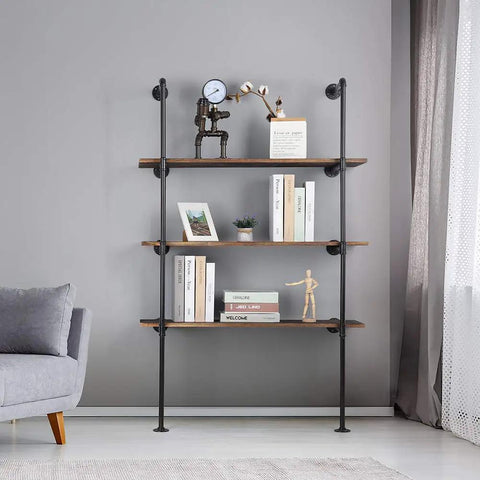 Industrial Style Wall Mount Pipe Shelf Kit Black 4 Tier Open Bookshelf DIY Iron Pipe Shelving System Two Pack with decor items displayed.