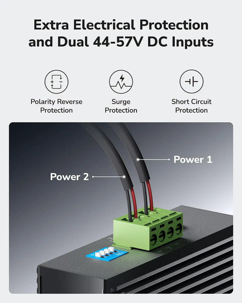 Dual power inputs on Eight Port Gigabit PoE Industrial Network Switch Be A Beast With 802.3at/af PoE DIN Rail Mount