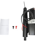 Side view of 12V heavy-duty hydraulic linear actuator with black metal housing, mounting bracket, and power cables